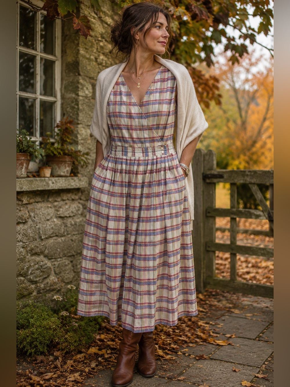 Vintage Boston Traders Cotton Plaid Wrap Midi Dress Pleated Cottagecore